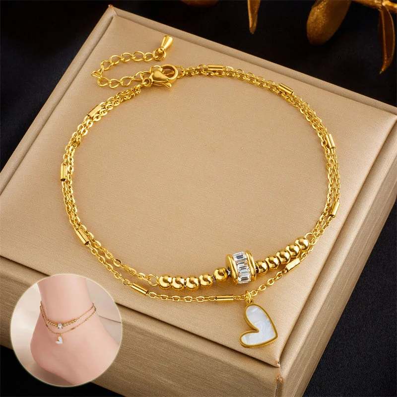 Fashion Jewelry Boho Classic Love Heart Ankle Chain Double Layer Chain Bracelet Anklet Charm Tassel Leg Chain On Foot Chain Women Party Jewelry Accessories