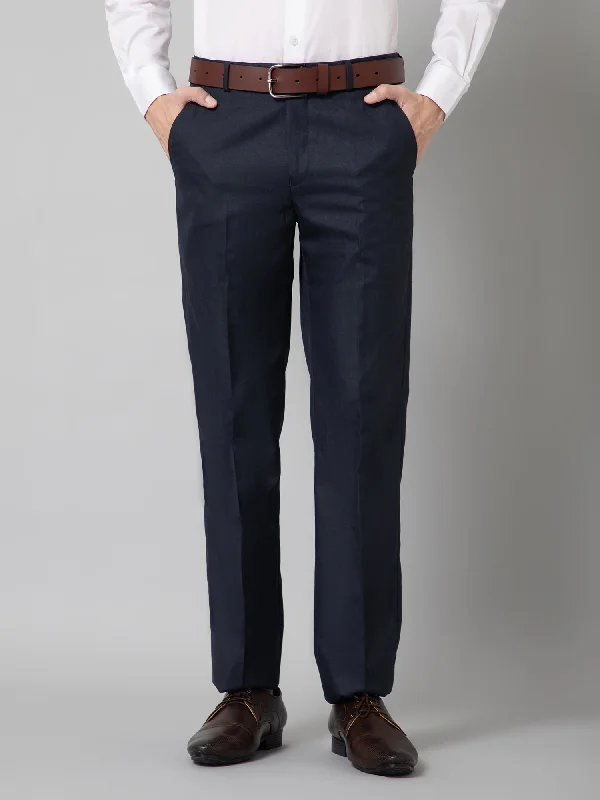 Solid Non Pleated Regular Fit Mid Rise Navy Blue Formal Trousers for Men