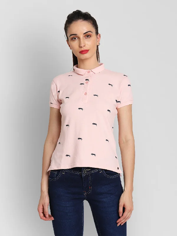 JUMP USA Women Pink & Navy Blue Printed Polo Collar T-Shirt