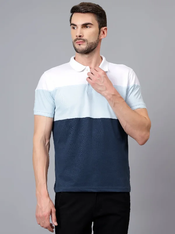 Men's Sky Blue Color Blocked Polo Neck Half Sleeve T-shirt