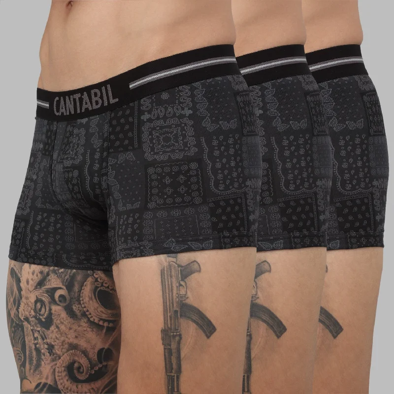 Men's Black Grey Motif Print Fashion Trunk - 3's Pack