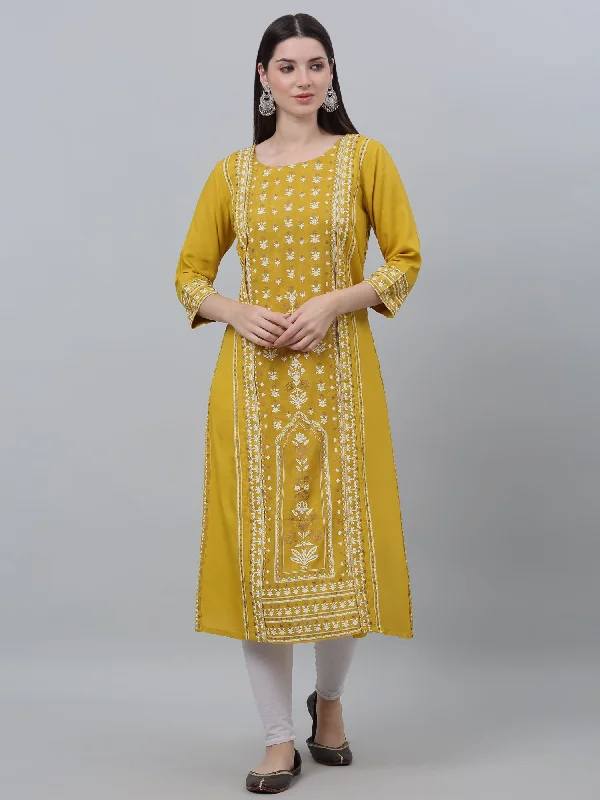 Women's Round neck Mustard Printed Calf Length Kurti