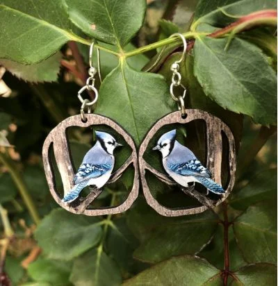 Wooden Blue Jay Earrings