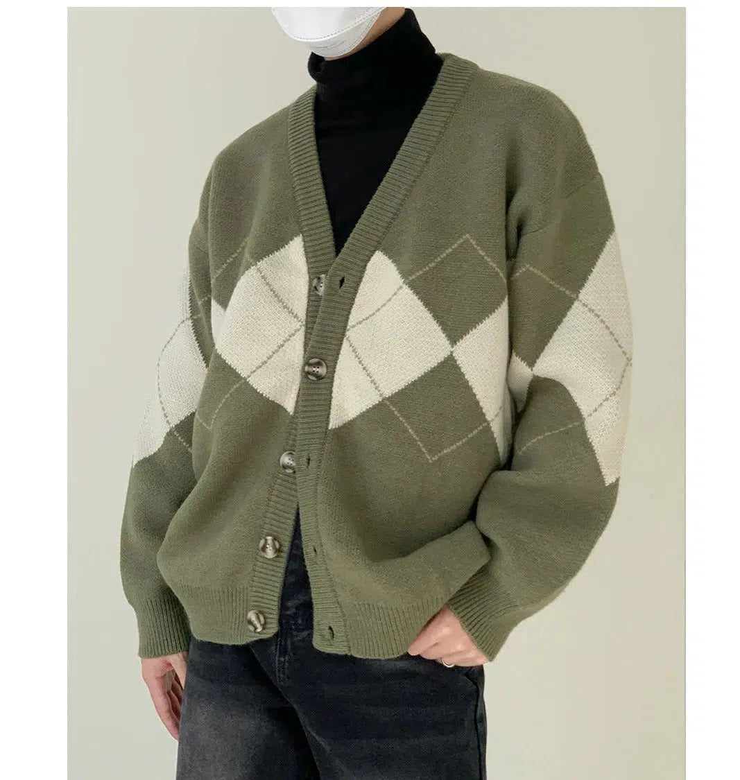 Green V-neck Argyle Cardigan Sweater