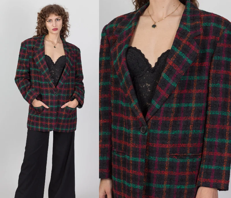 80s Plaid Tweed Longline Blazer - Large