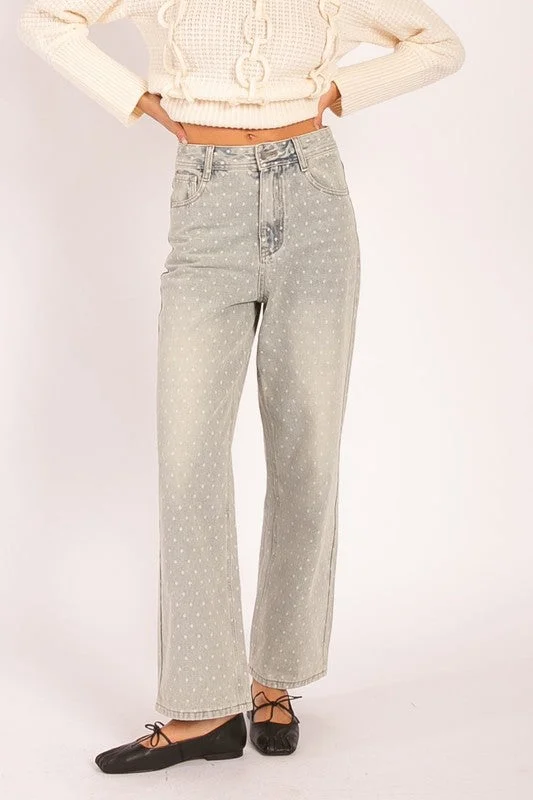 Heyson High Rise Washed Polka Dot Straight Leg Jeans