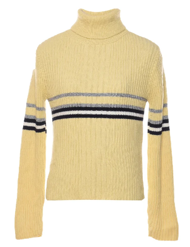 Pale Yellow Striped Turtleneck Jumper - M