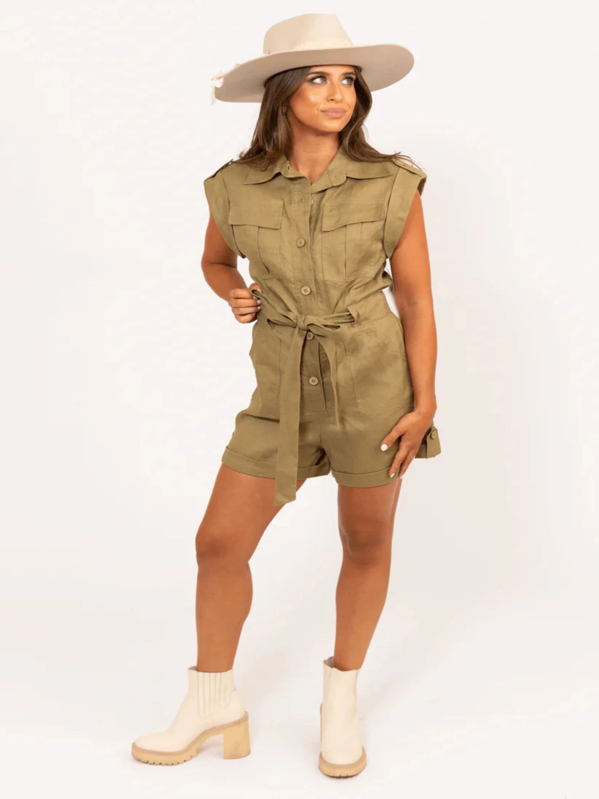 Karlie Tie Romper - Olive