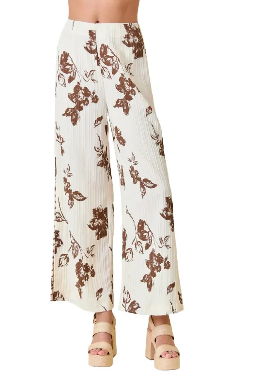 Bead Side Slit Wide Leg Pants In Ivory/brown