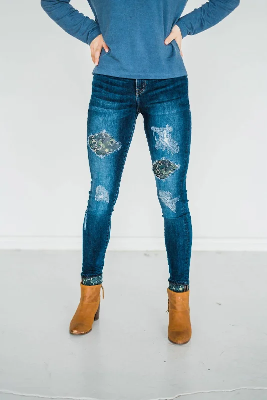 Double The Fun Patched Jeans In Dark Wash